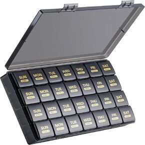 Monthly Pill Organizer, 28 Day Pill Box 1 Time a Day with Dust-Proof Case, Large 4 Weeks a Month Pill Case Container, Daily Vitamin Case Box for Pills/Medicine/Fish Oil/Supplements（White）