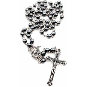 Hematite Rosary Black Stone Beads Necklace with Jerusalem Holy Soil & Cross