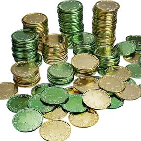 Chuangdi St. Patrick's Day Coins St Patrick's Coins Shamrock Coins Irish Coins Lucky Plastic Gold Coin Green Four Leaf Clover Coin St. Patrick's Day Party Favor (100)
