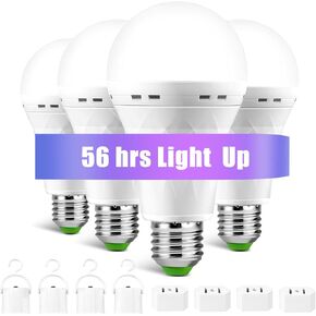 Emergency-Rechargeable-Light-Bulb, Stay Lights Up When Power Failure, 1500mAh 12W 60W Equivalent LED Light Bulbs for Home, Camping, Hiking (E27, with Hook,with Plug Cap) 6 Pack