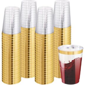 I00000 200 Pack 12 oz Gold Plastic Cups, Gold Rimmed Disposable Cups, Gold Plastic Wine Glasses Plastic Cocktail Glasses Premium Cups with Gold Rim, 12 Ounce Gold Plastic Tumblers For Party