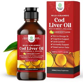 Icelandic Cod Liver Oil Liquid - Wild Caught Nordic Omega 3 Fish Oil Liquid for Adults & Kids - Easy to Take Omega 3 Liquid Cod Liver Oil Capsules Alternative - Light Lemon Mint Flavor (48 Servings)