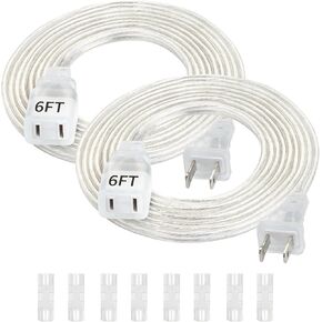 Extension Cord 6 Feet, 2 Pack Clear Extension Cord, UL-Certified Power Cord Extension, 2 Prong Extension Cord Male to Female, 2x18 AWG Thin Extension Cord 250V 6A, Indoor Extension Cord