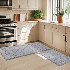 Non-Slip Kitchen Rugs, Self Adhesive No Sliding Kitchen Mats Set of 2, Soft Washable Absorbent Floor Mats for Area Rug, Kitchen, Entrance, Bathroom, Laundry Room, Bedroom, 24"x35"+24"x60", Light Grey in Saudi Arabia