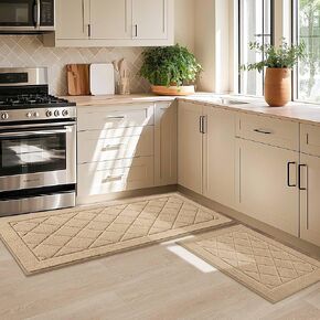 Non-Slip Kitchen Rugs, Self Adhesive No Sliding Kitchen Mats Set of 2, Soft Washable Absorbent Floor Mats for Area Rug, Kitchen, Entrance, Bathroom, Laundry Room, Bedroom, 24"x35"+24"x60", Light Grey