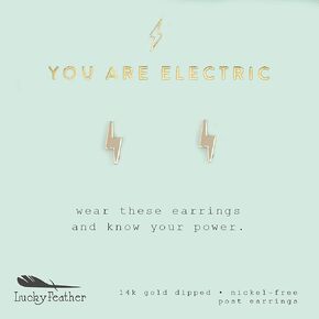 Lucky Feather Small Stud Lightning Bolt Earrings for Women - 14k Gold Dipped Post Thunder Bolt Earrings Presented on Sentimental Message Card Makes an Ideal Gift for Women and Teen Girls