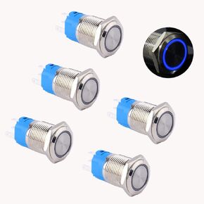 5pcs 16mm Metal Momentary Push Button Switch 12V-24V (ON)-Off 5Pins 1NO 1NC Self-Reset Waterproof 5/8" Mounting Hole with Harness Halo Ring LED (Blue Light)