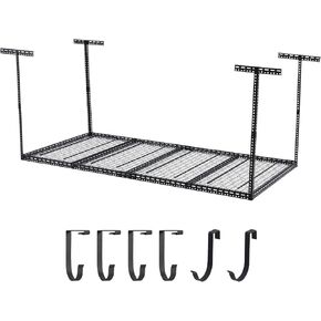 Garvee 4x6 FT Overhead Garage Storage Rack, Height Adjustable Garage Storage Organization Systerm, Metal Garage Ceiling Storage Racks with 660lbs Weight Capacity, 6 Vertical Post（Black）