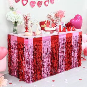 Mega-L Valentines Party Decorations, 2 Pack Valentine's Day Red Pink Table Skirts, Valentines Wavy Metallic Tinsel Foil Fringe Table Skirts for Rectangle and Round Table, Table Decorations for Party