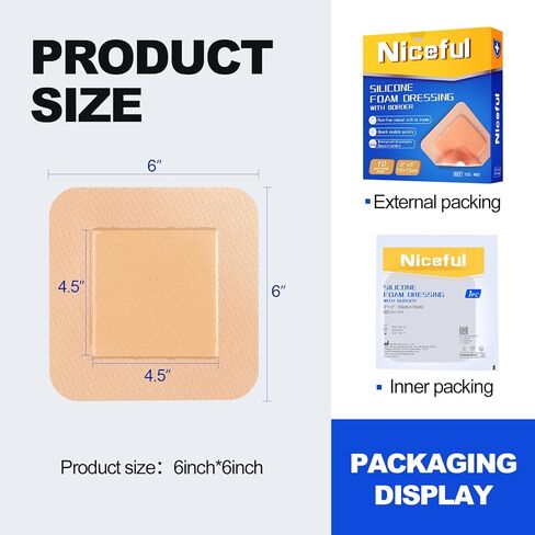 Silicone Foam Dressing with Gentle Adhesive Border 3"x 3" (Pack of 10)，High Absorbency Waterproof Silicone Wound Bandage for Wound Care, Bed Sore in Saudi Arabia