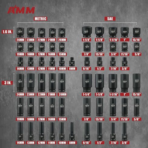 AMM 1/2" Drive Deep Impact Socket Set, 35-Piece Socket set SAE 3/8 to 1-1/4 inch and Metric 10-24mm Size, Includes Extension Bars, Universal Joint and Adapter, 6 Point Design,Cr-V steel in Saudi Arabia