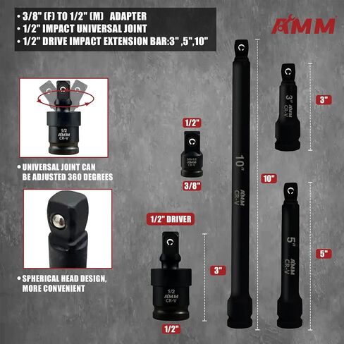 AMM 1/2" Drive Deep Impact Socket Set, 35-Piece Socket set SAE 3/8 to 1-1/4 inch and Metric 10-24mm Size, Includes Extension Bars, Universal Joint and Adapter, 6 Point Design,Cr-V steel in Saudi Arabia