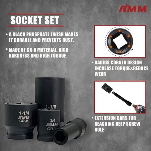 AMM 1/2" Drive Deep Impact Socket Set, 35-Piece Socket set SAE 3/8 to 1-1/4 inch and Metric 10-24mm Size, Includes Extension Bars, Universal Joint and Adapter, 6 Point Design,Cr-V steel in Saudi Arabia