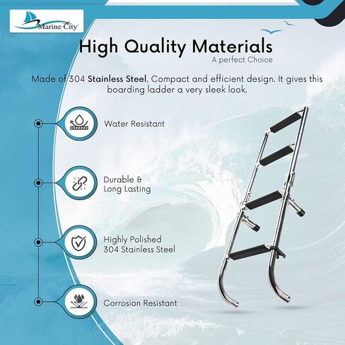 MARINE CITY 304 Stainless Steel Foldable Boarding Ladder - Sleek & Compact Design with 400 lbs. Capacity – Easy Installation, 3+2 Steps - Ideal for Boats, Pontoons, RVs, and Ships in Saudi Arabia