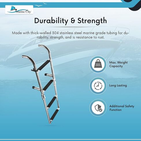 MARINE CITY 304 Stainless Steel Foldable Boarding Ladder - Sleek & Compact Design with 400 lbs. Capacity – Easy Installation, 3+2 Steps - Ideal for Boats, Pontoons, RVs, and Ships in Saudi Arabia