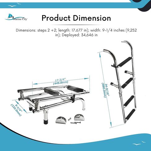 MARINE CITY 304 Stainless Steel Foldable Boarding Ladder - Sleek & Compact Design with 400 lbs. Capacity – Easy Installation, 3+2 Steps - Ideal for Boats, Pontoons, RVs, and Ships in Saudi Arabia