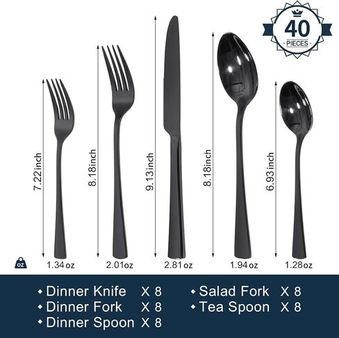 KINGSTONE Silverware Set for 8, 40-Piece Forged 18/10 Stainless Steel Flatware Set, Mirror Finish Cutlery Set Dishwasher Safe for Home, Restaurant, Wedding, Party in Kuwait