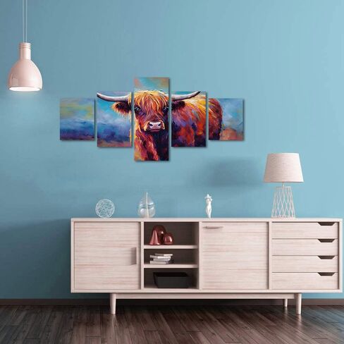 Yatsen Bridge 5 Panels Cow Canvas Wall Art Texas Longhorn Wall Decor Painting for Living Room - 60''W x 40''H in Saudi Arabia
