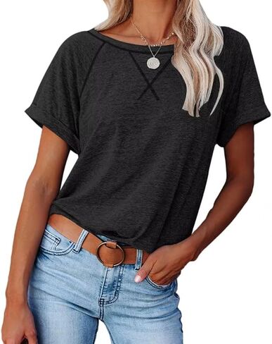 Women's Tops Short Sleeve T Shirts Crewneck Casual Loose Fit Tunic Tops in Kuwait
