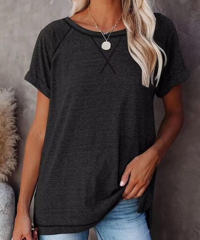 Women's Tops Short Sleeve T Shirts Crewneck Casual Loose Fit Tunic Tops in Kuwait