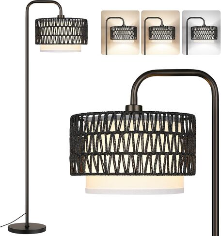 PARTPHONER 68‘’Floor Lamp for Living Room, Tall Standing Lamp with Remote 3 Color Temperatures Dimmable Bulb, Grey Rattan and Fabric Dual Shades in Kuwait