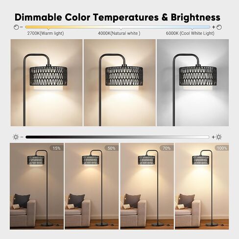 PARTPHONER 68‘’Floor Lamp for Living Room, Tall Standing Lamp with Remote 3 Color Temperatures Dimmable Bulb, Grey Rattan and Fabric Dual Shades in Kuwait