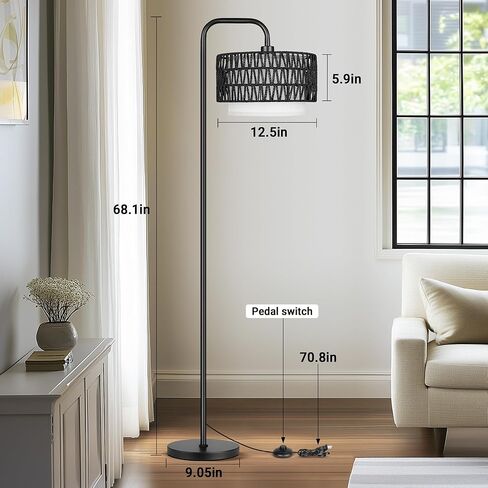 PARTPHONER 68‘’Floor Lamp for Living Room, Tall Standing Lamp with Remote 3 Color Temperatures Dimmable Bulb, Grey Rattan and Fabric Dual Shades in Kuwait