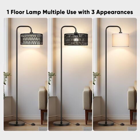 PARTPHONER 68‘’Floor Lamp for Living Room, Tall Standing Lamp with Remote 3 Color Temperatures Dimmable Bulb, Grey Rattan and Fabric Dual Shades in Kuwait
