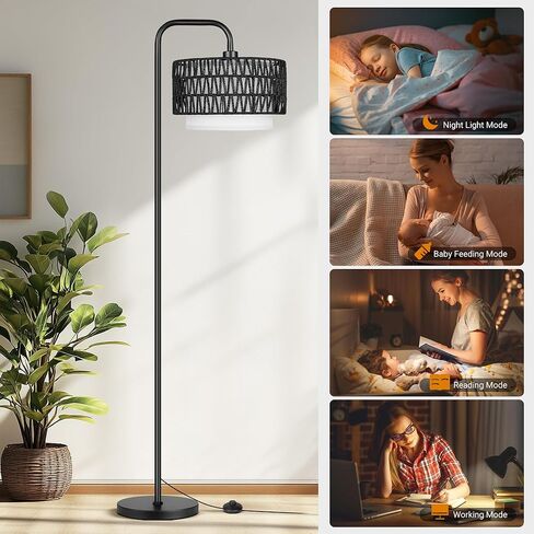 PARTPHONER 68‘’Floor Lamp for Living Room, Tall Standing Lamp with Remote 3 Color Temperatures Dimmable Bulb, Grey Rattan and Fabric Dual Shades in Kuwait