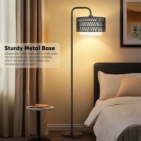 PARTPHONER 68‘’Floor Lamp for Living Room, Tall Standing Lamp with Remote 3 Color Temperatures Dimmable Bulb, Grey Rattan and Fabric Dual Shades in Kuwait