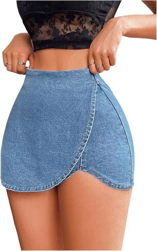 Floerns Women's High Waist Wrap Jean Mini Skorts skinny Asymmetrical Denim Skirt Shorts in Saudi Arabia