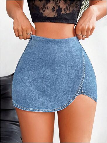 Floerns Women's High Waist Wrap Jean Mini Skorts skinny Asymmetrical Denim Skirt Shorts in Saudi Arabia