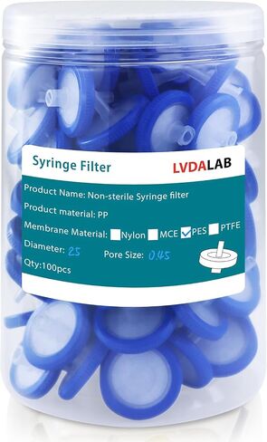 100 PCS Syringe Filter PES Membrane Filters, 25mm Diameter 0.22µm Pore Size, Hydrophilic Syringe Lab Filters, Non Sterile, Yellow in Saudi Arabia