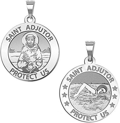 PicturesOnGold.com ميدالية دينية للسباحة من Saint Adjutor مزدوجة الجوانب - 3/4 بوصة من الفضة الإسترلينية in Kuwait