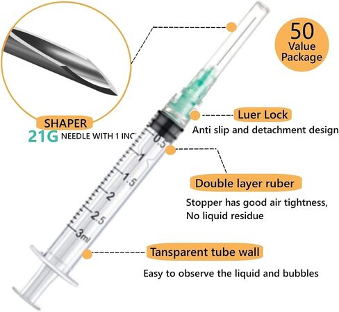 50 Pack 3ml 22Gauge 1Inch - Luer Lock 1ml 2.5ml 3ml 5ml 10ml 20ml with 25Ga, 23Ga, 22Ga, 21Ga, 18Ga Lab Consumables(Individually Sealed Wrapped) in Saudi Arabia