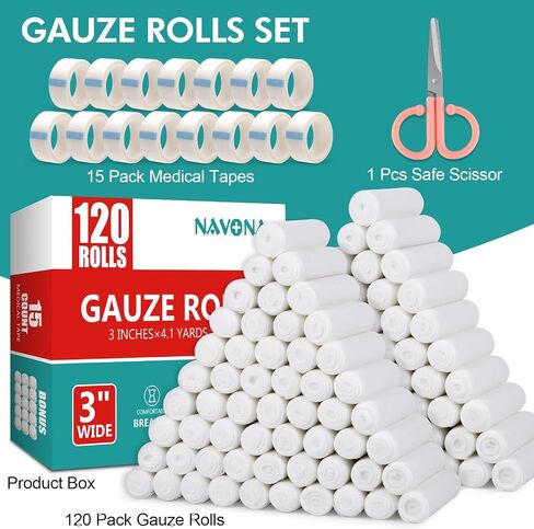 60 Pack Gauze Rolls Bandages, 3 in x 4.1 Yards, Individually Wrapped Breathable Rolled Gauze, Mummy Wraps, Premium First Aid Supplies & Medical Supplies for Wounds in Saudi Arabia