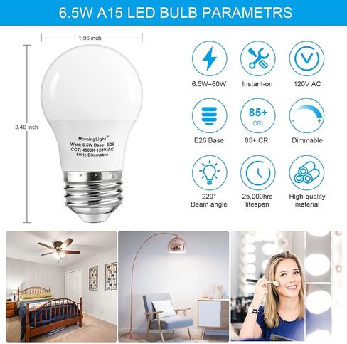 MorningLight 6 Pack A15 LED Bulb, 6.5W Equivalent 60 Watt Dimmable Light Bulb, 3000K Soft White, E26 Base, A15 LED Appliance Light Bulb for Ceiling Fan, Lighting Fixtures, 600LM in Saudi Arabia