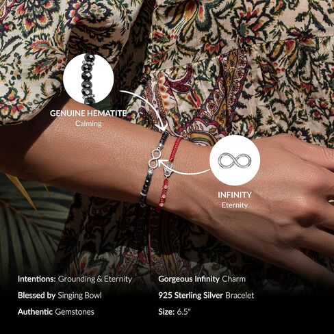 KARMA AND LUCK - Inner Transformation - Women's Grounding Real Hematite & Calming Amethyst Beads 925 Sterling Silver Protection Evil Eye Charm Stretch Bali Bracelet in Kuwait