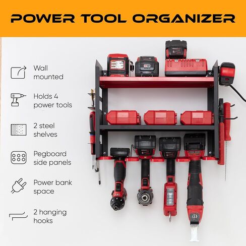 Power Tool Organizer - Wall Mount Storage for Garage Organizes 4 Cordless Drills & Tools - Heavy Duty Rack w Pegboard Sides Shelves & Hooks - Neatly Holds Screwdrivers & Drill Bits BLACK/BLACK in Saudi Arabia