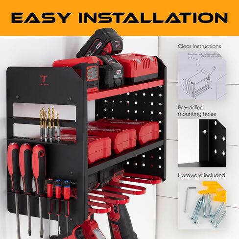 Power Tool Organizer - Wall Mount Storage for Garage Organizes 4 Cordless Drills & Tools - Heavy Duty Rack w Pegboard Sides Shelves & Hooks - Neatly Holds Screwdrivers & Drill Bits BLACK/BLACK in Saudi Arabia