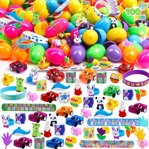 JOYIN 100 Pcs Prefilled Easter Eggs with Novelty Toys Premium for Easter Eggs Hunt, Basket Stuffers Fillers, Theme Party Favor, Classroom Supplies in Kuwait