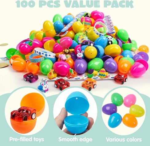 JOYIN 100 Pcs Prefilled Easter Eggs with Novelty Toys Premium for Easter Eggs Hunt, Basket Stuffers Fillers, Theme Party Favor, Classroom Supplies in Kuwait