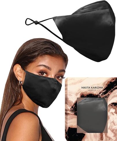 KARIZMA 90210 Silk Face Mask (Black). Luxury Fashion Masks, 19 Momme Mulberry Silk Mask. Fashionable Designer Face Mask for Women, Washable Fabric Face Mask, Reusable Facemask 6A Grade Fabric in Kuwait