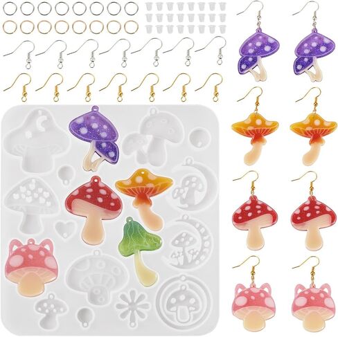 Cheriswelry 1pcs Mushroom Earring Mold Silicone Earring Pendant Molds Resin Jewelry Molds for Dangle Earring Making with 40pcs Earring Hooks & 60pcs Open Jump Rings & 50Pcs Plastic Ear Nuts in Kuwait