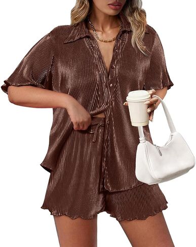 TIYOMI Plus Size Two Piece Sets for Women Pleated Outfits Button Down Suits Textured Top & Wide Leg Pants XL-5XL in Kuwait