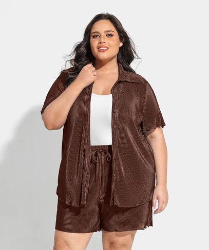 TIYOMI Plus Size Two Piece Sets for Women Pleated Outfits Button Down Suits Textured Top & Wide Leg Pants XL-5XL in Kuwait