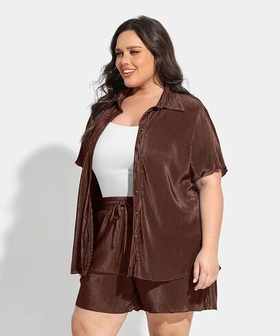 TIYOMI Plus Size Two Piece Sets for Women Pleated Outfits Button Down Suits Textured Top & Wide Leg Pants XL-5XL in Kuwait
