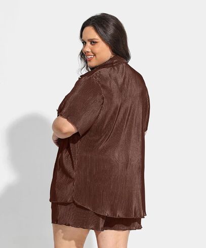 TIYOMI Plus Size Two Piece Sets for Women Pleated Outfits Button Down Suits Textured Top & Wide Leg Pants XL-5XL in Kuwait