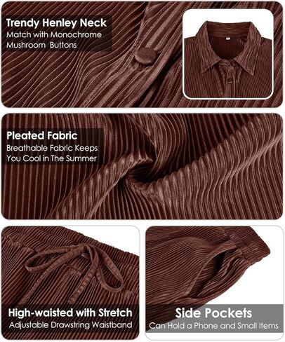 TIYOMI Plus Size Two Piece Sets for Women Pleated Outfits Button Down Suits Textured Top & Wide Leg Pants XL-5XL in Kuwait