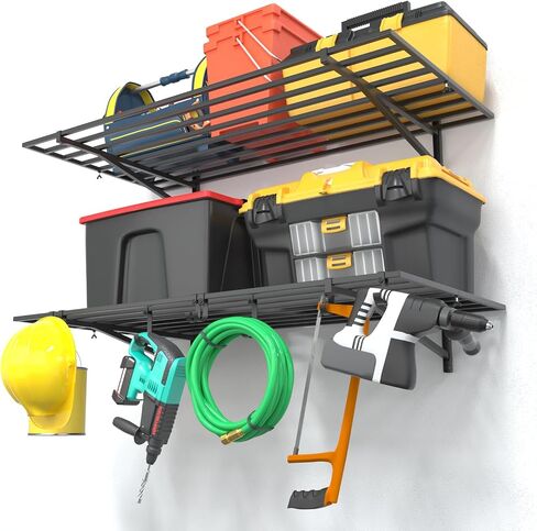 Heavy Duty 2 Pack Garage Shelving with Hooks, Garage Storage Rack Wall Mounted Shelves for Tool Room, Storage Room, Store Supermarket, 500lbs Weight Capacity (1 * 4ft) in Saudi Arabia
